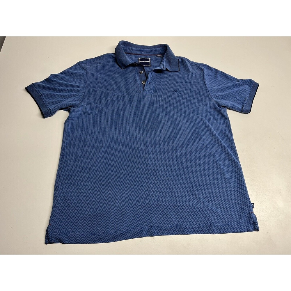 Tommy Bahama Mens Blue Zig Zag Lines Casual Polo Shirt Size Large Short Sleeve